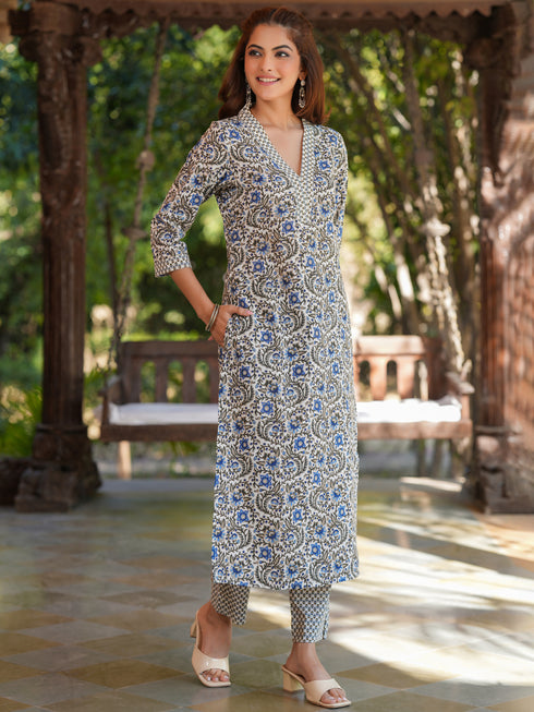 Cream Pure Cotton Floral Printed Straight Kurta Pant Set